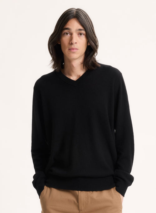 Schwarzer Pullover mit V-Ausschnitt und langen Ärmeln aus Kaschmir - MAJESTIC FILATURES