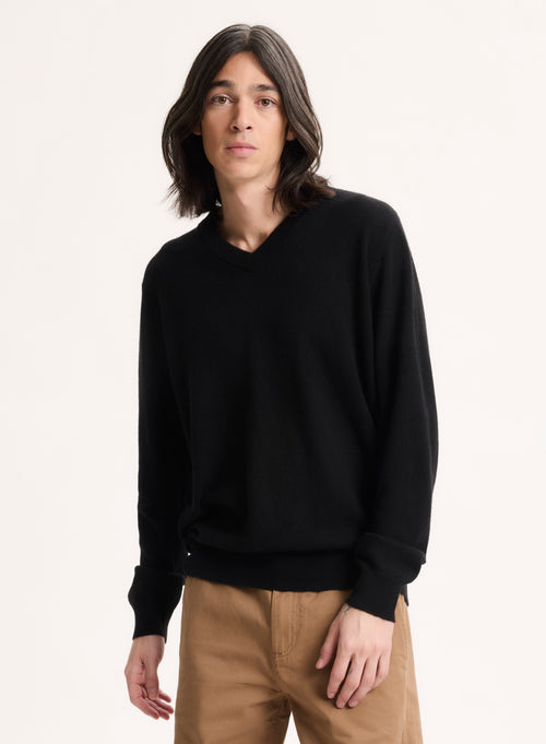 Schwarzer Pullover mit V-Ausschnitt und langen Ärmeln aus Kaschmir - MAJESTIC FILATURES