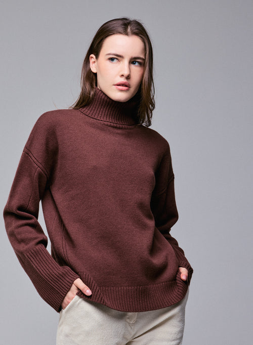 Brauner langärmeliger Rollkragenpullover aus Merinowolle - MAJESTIC FILATURES