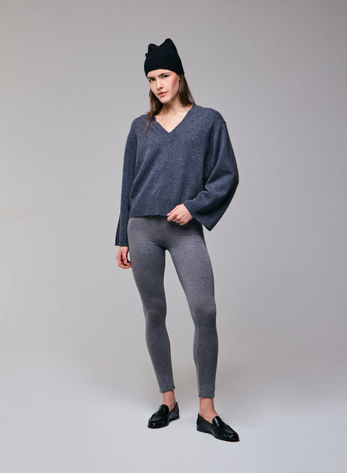 Pull Gris Col V Manches Longues en Laine merinos - MAJESTIC FILATURES