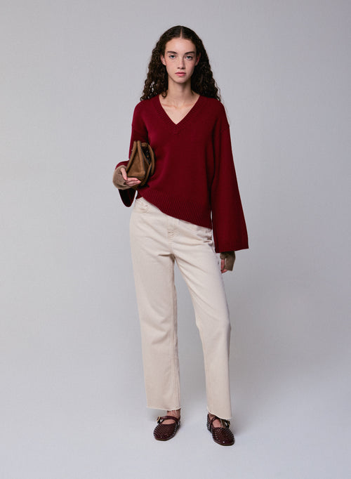 Pull Rouge Col V Manches Longues en Laine merinos - MAJESTIC FILATURES