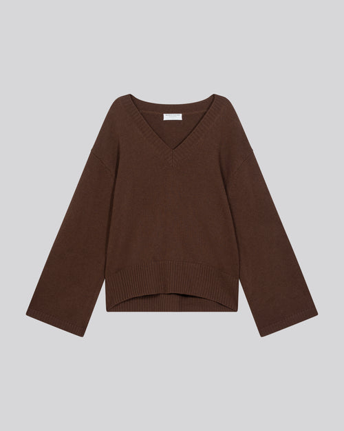Pull Marron Col V Manches Longues en Laine merinos - MAJESTIC FILATURES