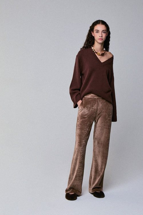 Pull Marron Col V Manches Longues en Laine merinos - MAJESTIC FILATURES