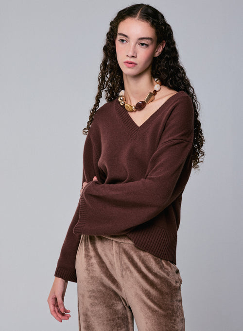 Pull Marron Col V Manches Longues en Laine merinos - MAJESTIC FILATURES