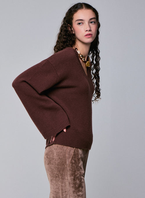 Pull Marron Col V Manches Longues en Laine merinos - MAJESTIC FILATURES