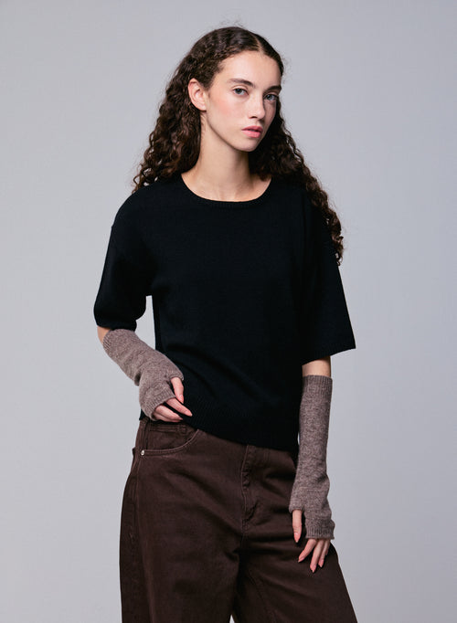 Schwarzer Kurzarmpullover aus Merinowolle mit Rundhalsausschnitt - MAJESTIC FILATURES