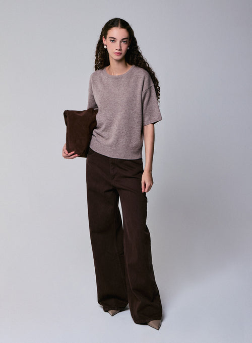Beige Kurzarmpullover aus Merinowolle mit Rundhalsausschnitt - MAJESTIC FILATURES