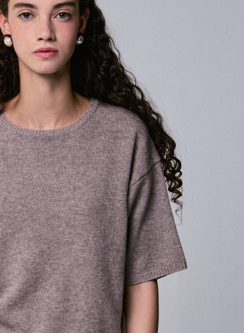 Beige Kurzarmpullover aus Merinowolle mit Rundhalsausschnitt - MAJESTIC FILATURES