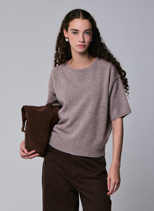Beige Kurzarmpullover aus Merinowolle mit Rundhalsausschnitt - MAJESTIC FILATURES