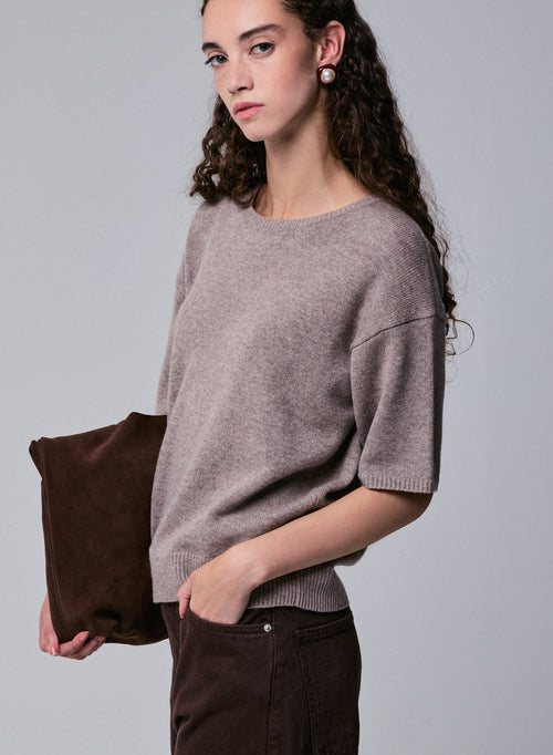 Beige Kurzarmpullover aus Merinowolle mit Rundhalsausschnitt - MAJESTIC FILATURES
