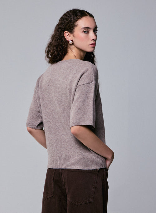 Beige Kurzarmpullover aus Merinowolle mit Rundhalsausschnitt - MAJESTIC FILATURES