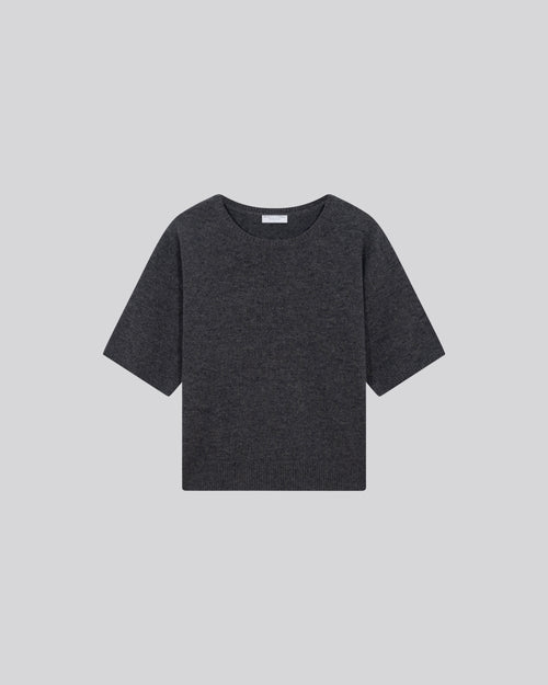 Grauer Kurzarmpullover aus Merinowolle mit Rundhalsausschnitt - MAJESTIC FILATURES