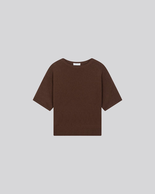 Brauner Kurzarmpullover aus Merinowolle mit Rundhalsausschnitt - MAJESTIC FILATURES