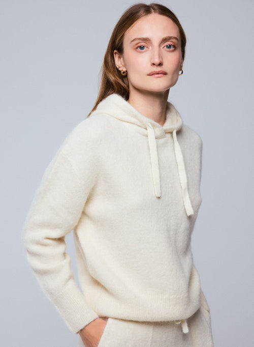 Pull Blanc Capuche Manches Longues en Alpaga / Polyamide / Elasthanne - MAJESTIC FILATURES