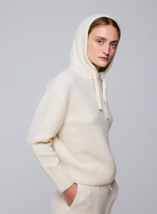 Pull Blanc Capuche Manches Longues en Alpaga / Polyamide / Elasthanne - MAJESTIC FILATURES