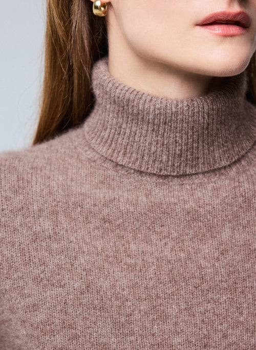 Beige Rollkragenpullover mit langen Ärmeln aus Wolle / Fuchs / Polyamid - MAJESTIC FILATURES
