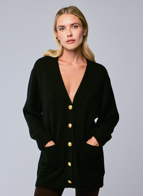 Schwarzer Pullover mit V-Ausschnitt und langen Ärmeln aus Wolle / Kaschmir - MAJESTIC FILATURES