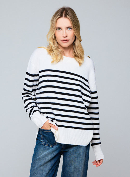 Beige / Schwarz Rundhalsausschnitt Langarmpullover aus Wolle / Kaschmir - MAJESTIC FILATURES