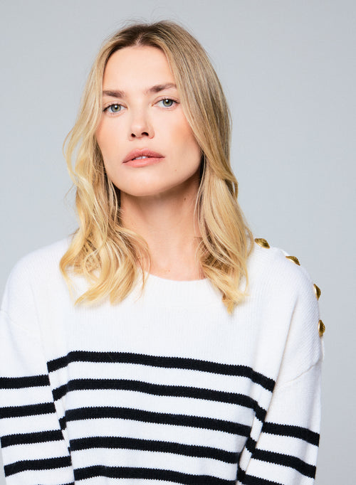 Beige / Schwarz Rundhalsausschnitt Langarmpullover aus Wolle / Kaschmir - MAJESTIC FILATURES