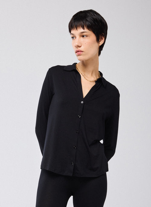 Chemise Noire Manches Longues en Viscose et Élasthanne - MAJESTIC FILATURES
