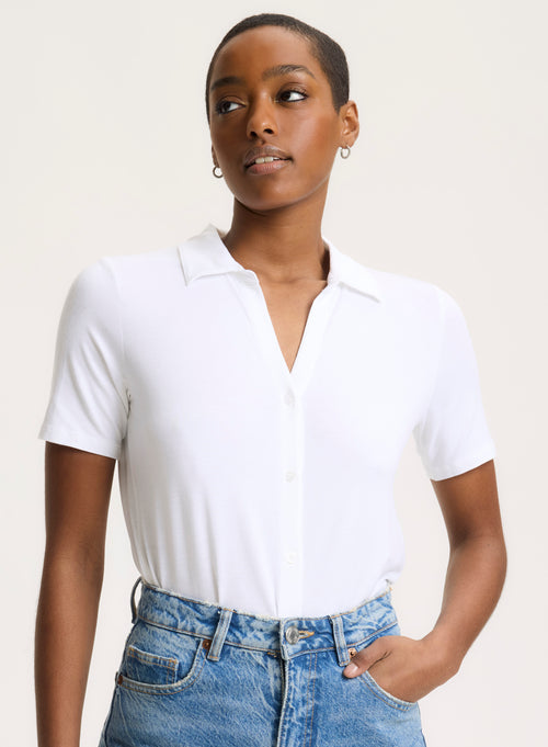 Chemise Blanche Col Chemise Manches Courtes en Viscose / Élasthanne - MAJESTIC FILATURES