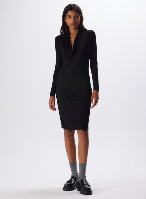 Robe Noir Col Bénitier Manches Longues en Viscose et Élasthanne - MAJESTIC FILATURES