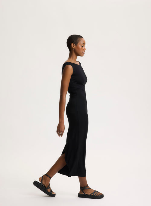 Robe Noire Col Dégagé Sans Manches en Viscose / Élasthanne - MAJESTIC FILATURES