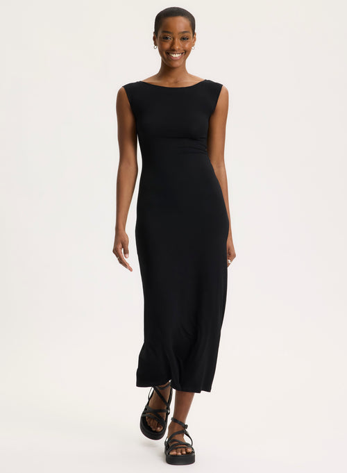 Robe Noire Col Dégagé Sans Manches en Viscose / Élasthanne - MAJESTIC FILATURES
