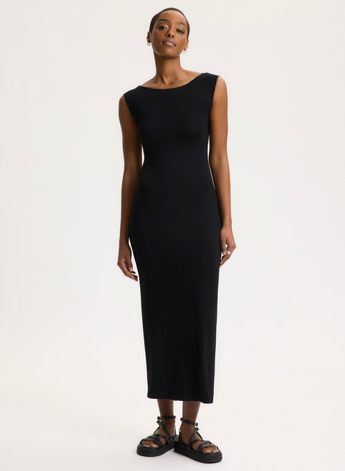 Robe Noire Col Dégagé Sans Manches en Viscose / Élasthanne - MAJESTIC FILATURES