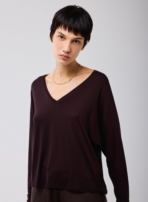 Violett T Shirt V Ausschnitt Lange Ärmel Viskose Elasthan - MAJESTIC FILATURES