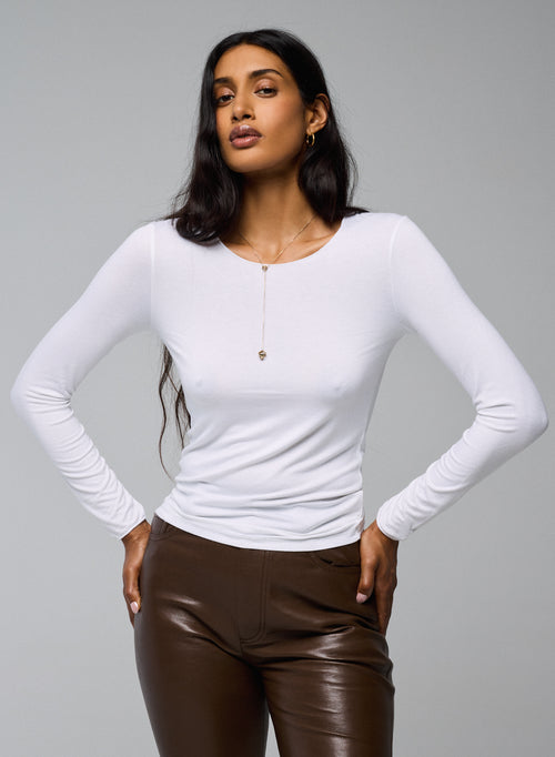 T-shirt Blanc Seconde Peau Col Rond Manches Longues en Viscose et Élasthanne - MAJESTIC FILATURES