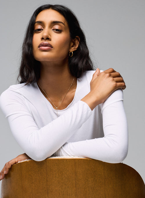 T-shirt Blanc Seconde Peau Col Rond Manches Longues en Viscose et Élasthanne - MAJESTIC FILATURES