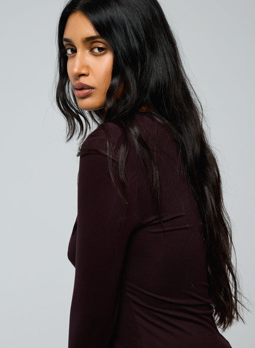 T-shirt Aubergine Col Rond Manches Longues en Viscose / Elasthanne - MAJESTIC FILATURES