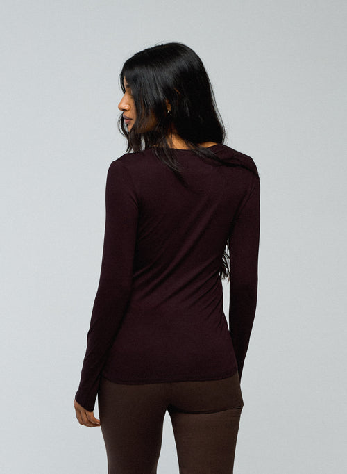 T-shirt Aubergine Col Rond Manches Longues en Viscose / Elasthanne - MAJESTIC FILATURES