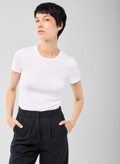 Weiß T Shirt Rundhals Kurze Ärmel Viskose Elasthan - MAJESTIC FILATURES