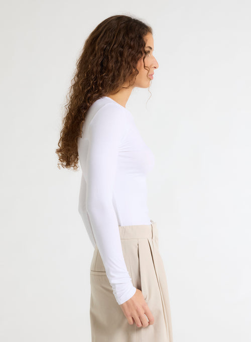 T-shirt Blanc Col Rond Manches Longues en Viscose / Élasthanne - MAJESTIC FILATURES