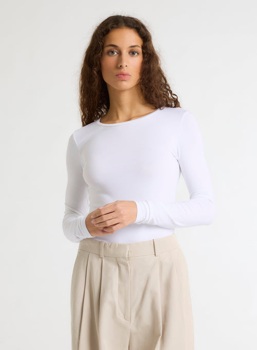T-shirt Blanc Col Rond Manches Longues en Viscose / Élasthanne - MAJESTIC FILATURES