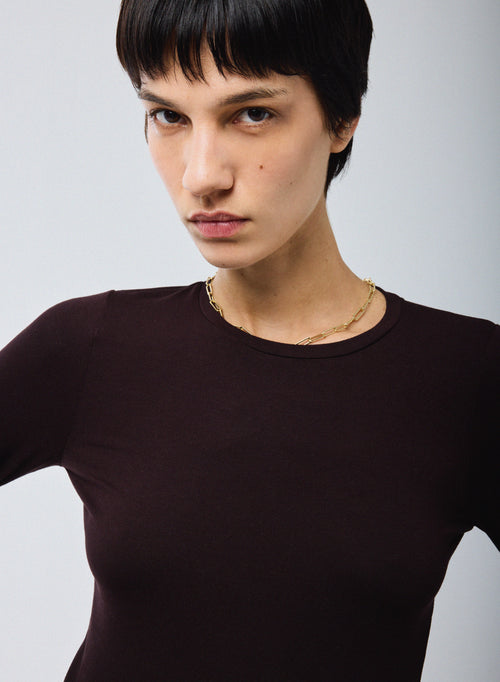 Violett T Shirt Rundhals Lange Ärmel Viskose Elasthan - MAJESTIC FILATURES