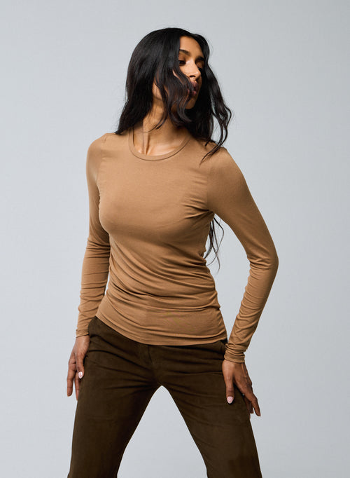 Beige Langarm-T-Shirt mit Rundhalsausschnitt aus Viskose / Elasthan - MAJESTIC FILATURES
