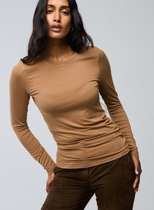 Beige Langarm-T-Shirt mit Rundhalsausschnitt aus Viskose / Elasthan - MAJESTIC FILATURES