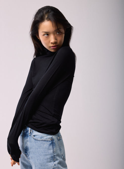 T-shirt Noir Col Roulé Manches Longues en Viscose et Élasthanne - MAJESTIC FILATURES