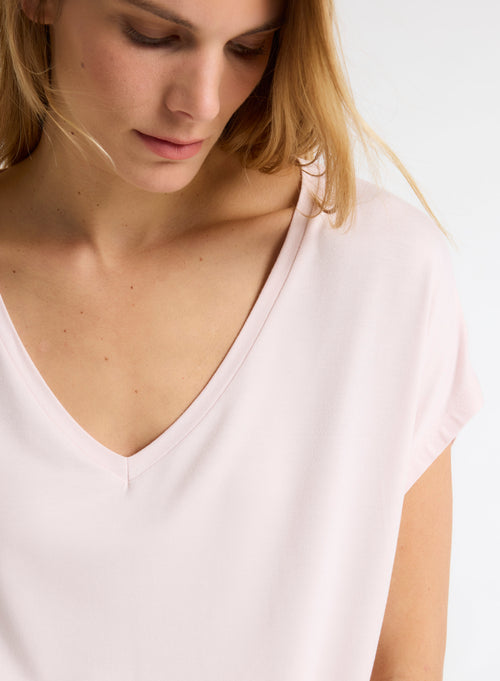 T-shirt Rose Col V Manches Courtes en Viscose / Élasthanne - MAJESTIC FILATURES