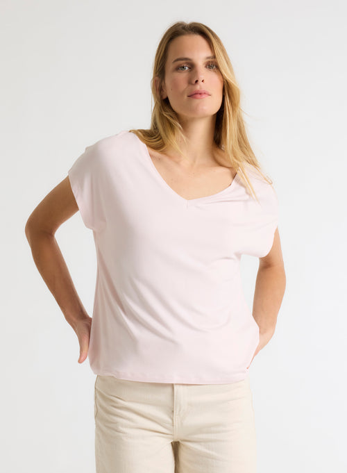 T-shirt Rose Col V Manches Courtes en Viscose / Élasthanne - MAJESTIC FILATURES