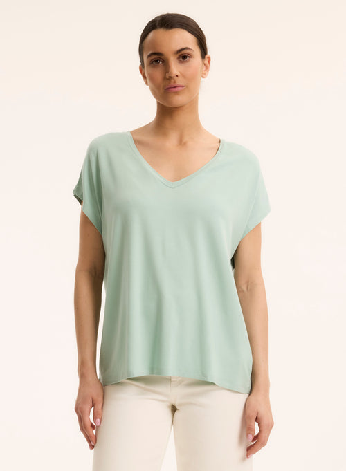 T-shirt Bleu Col V Manches Courtes en Viscose / Élasthanne - MAJESTIC FILATURES