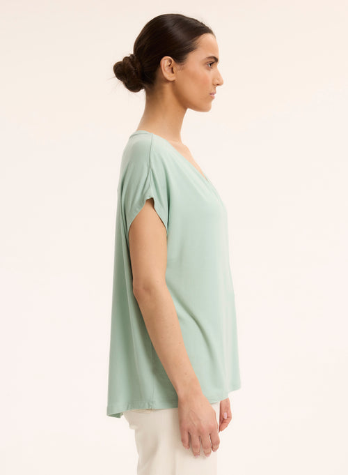 T-shirt Bleu Col V Manches Courtes en Viscose / Élasthanne - MAJESTIC FILATURES