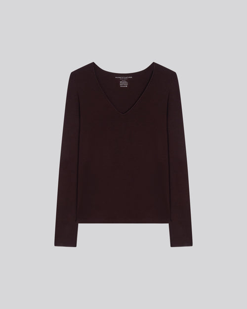T-shirt Aubergine Col V Manches Longues en Viscose / Elasthanne - MAJESTIC FILATURES