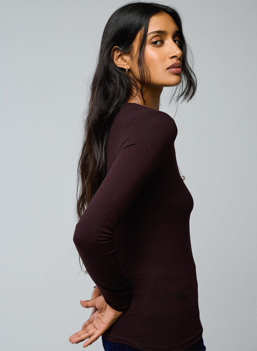 T-shirt Aubergine Col V Manches Longues en Viscose / Elasthanne - MAJESTIC FILATURES