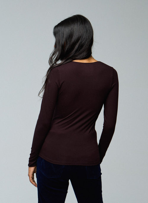 T-shirt Aubergine Col V Manches Longues en Viscose / Elasthanne - MAJESTIC FILATURES