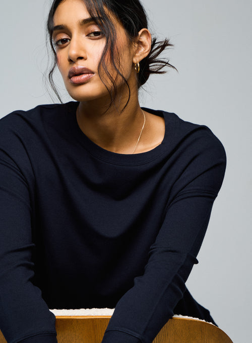 Sweat Marine Col Rond Manches Longues en Viscose / Elasthanne - MAJESTIC FILATURES