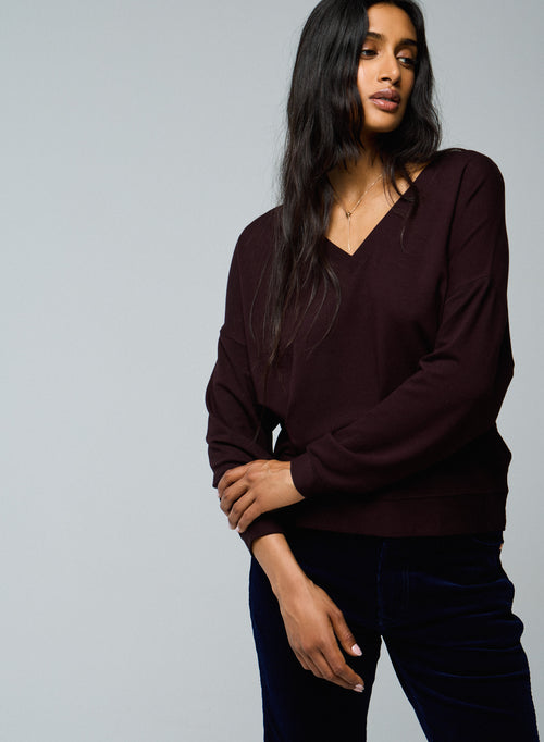 Auberginfarbenes Sweatshirt mit V-Ausschnitt und langen Ärmeln aus Viskose / Elasthan - MAJESTIC FILATURES